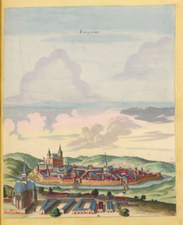 Fallaise, View of Falaise, print, album page, This print is part of an album., after drawing by Jan