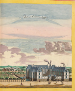 View of Chavigny Castle in Lerné, Chasteau de Chavigny en Touraine, print, album page, This print