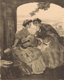 Two Spanish women with guitar and a parrot, print, printmaker: Alexandre Lunois (signed by artist),