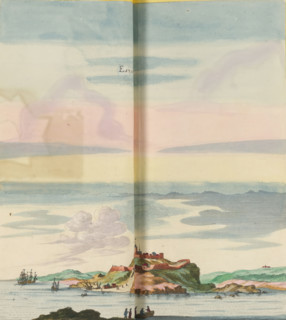 View of Etaples, Estaples, print, album page, This print is part of an album., after drawing by Jan