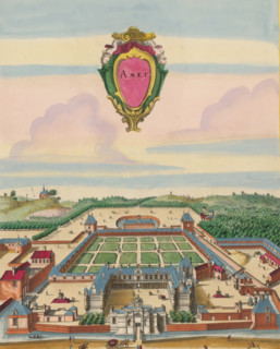 Anet, View of Château d'Anet from a bird's-eye perspective, print, album page, View of Château