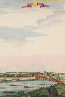 View of the place Saint-Cloud, St. Clou, print, album page, located on the Seine west of Paris.