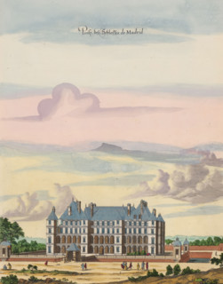 Prosp. des Schlosses de Madrid, View of Château de Madrid, print, album page, View of Château de