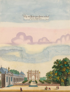 Prosp. des Somerantzen Garten zu Ruel, View of the orangery and a gate at Château du Val de Ruel,