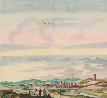 View of the city of Étampes, Estampes, print, album page, View of the city of Étampes. The castle