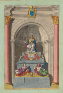 Tomb of Pope Paul III, print, album page, Tomb of Pope Paul III. A tomb monument with sculptures of