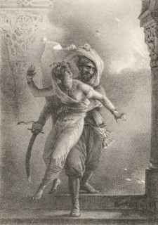 Conrad saves Culnare from the fire, Series of lithographs, Receuil de dessins sur pierre, print,