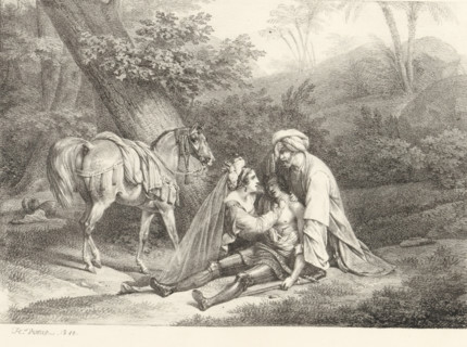 Kneeling woman and man by a wounded soldier, Receuil de dessins sur pierre, Series of lithographs,