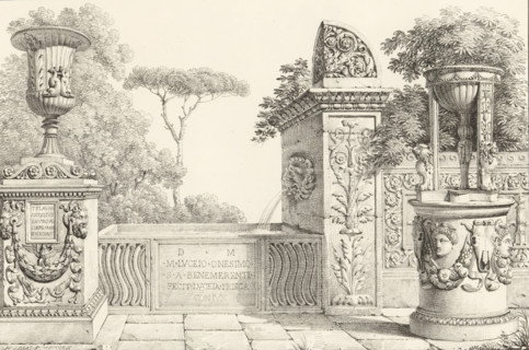 Terrace with decorated fountain, Receuil de dessins sur pierre, Series of lithographs, print, album