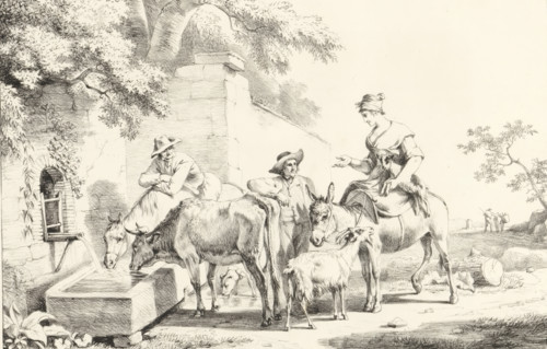 Shepherds by a spring, Series of lithographs, Receuil de dessins sur pierre, print, album page,