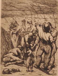 Farm laborers in a field with haystacks, print, annotation: 'Eug. Laermans, Hooien, Kunst v. Heden