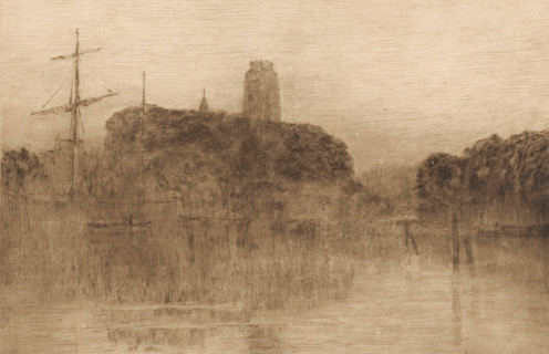 View of the Nieuwe Haven in Dordrecht at evening, print, On the left the mast of a sailing ship. In