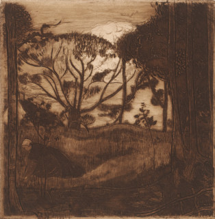 The Gleaner, Wheat field surrounded by trees, with a kneeling gleaner on the left, print,