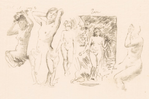 Study sheet with six naked women and Eva, print, book illustration, annotation: 'Vol., page 0, Eve,