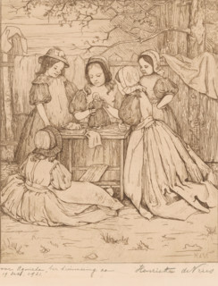 Girls playing outside with a doll, print, dedication: 'for Agnieta, in memory of, Dec 19, 1921.',