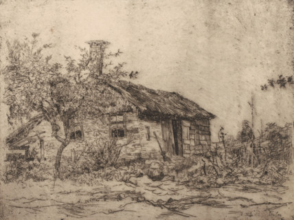 Farmhouse (Giethoorn) (original title), Farm and fruit tree in landscape, print, printmaker: Willem