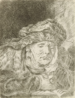 Old woman sleeping, print, album page, Print is part of an album., printmaker, after print by,