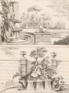 Garden with a fountain with naked women and dolphins by a sphinx, New book of fountains, Nouveau