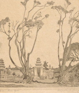 Pasar Gedé (original title), Courtyard with two waringin trees near Yogyakarta on Java, print, In