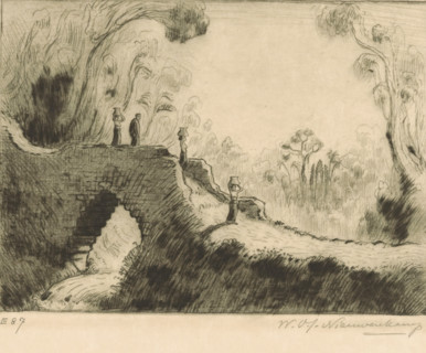 The Little Bridge (original title), Bridge at Marga on Bali, print, Several women are walking on