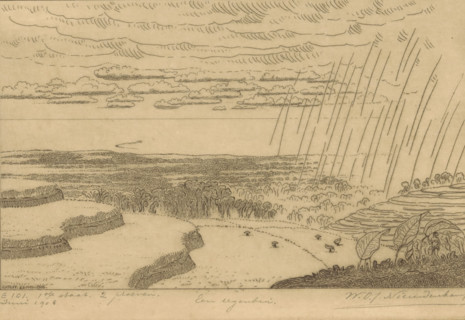 A rain shower (original title), Rain shower over the rice fields near Gitgit on Bali, print, In the