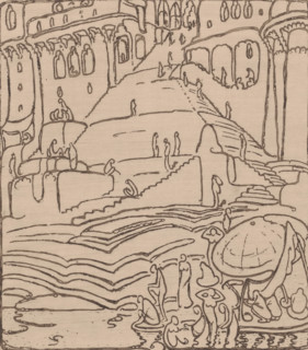 Buildings with stairs to a riverbank with bathing figures, Terraces on the Ganges (original title),