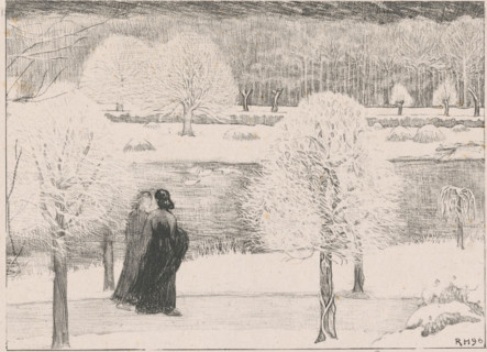 Two women walking in a snowy landscape, print, The women are walking along a path that leads past