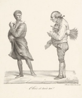 Man in loose-fitting coat looks haughtily at man with feather duster and letter, Obéis et tais