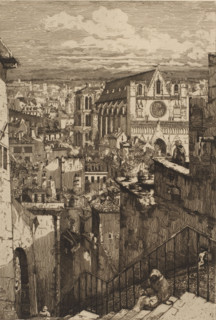 Cityscape with Lyon Cathedral, Eglise Saint-Jean à Lyon, print, printmaker: attributed to