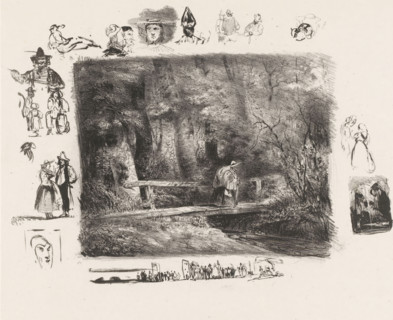 Old traveler on a bridge over a forest stream, Le Ruisseau, Paysages, Landscapes, print,