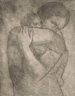Mother with child in embrace, print, printmaker: George Minne, 1876 - 1941, paper, Japanese paper
