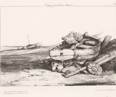 Fishing sloop on the beach, Longue barque sur la grève, Sketches by various artists, Croquis par