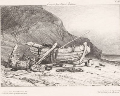Fishing sloop on the beach at the foot of a cliff, Barque au pied de la falaise, Sketches by