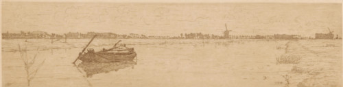 Pasture landscape with a wide canal with a rowing boat, print, printmaker: Maurits van der Valk,