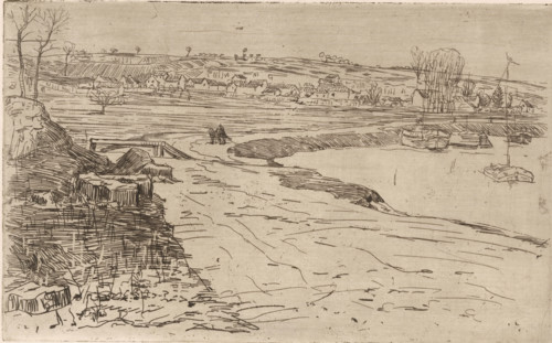Landscape with houses and water with moored sailboats, print, printmaker: Maurits van der Valk