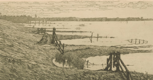 Flooded meadows near a dike, print, printmaker: Maurits van der Valk (signed by artist), 1867 -