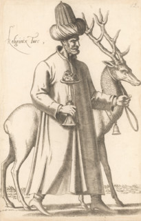 Turkish cleric with deer and goblet, Religieux Turc, print, album page, book illustration, Print is