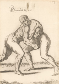 Pleuianders luytants, Two wrestling African 'pleuianders' (fighters or wrestlers), print, album