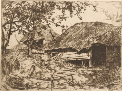 Pigsty (original title), Reed-covered barns, in front of them a pig in the hay, print, printmaker: