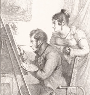 Self-portrait of the artist in action with a watching woman, print, printmaker: Dominique Vivant