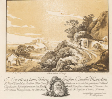 Landscape with traveler on a path, above the mountain, print, album page, Text in German in the