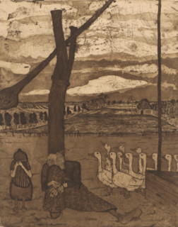 Old woman and girl mourning at a well, print, On the right a flock of geese., printmaker: Paula