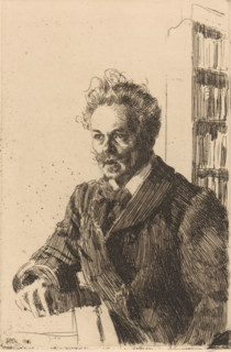 Portrait of August Strindberg, print, Swedish playwright, half-figure, sitting at a desk, facing