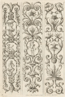 Ornaments with acanthus tendrils and satyrs, Ornamental panels with acanthus motifs, print, album