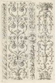 Candelabrum motifs with floral tendrils, Ornamental panels with acanthus motifs, print, album page,