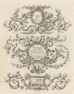 Three cartouches with acanthus tendrils and marble inlay, Fashionable ornaments with leaf motifs,
