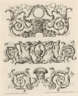 Three ornaments with acanthus tendrils and masks, Ornemens à la Mode, Fashionable ornaments with