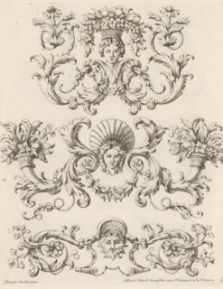 Three ornaments with masks, Ornemens à la Mode, Fashionable ornaments with leaf motifs, print,