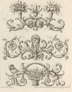 Three ornaments with flowers and a mask, Fashionable ornaments with leaf motifs, Ornemens à la