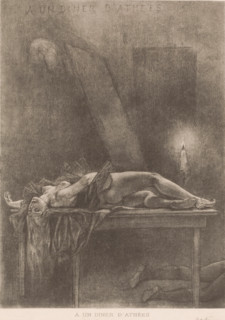 Half-naked woman lies on a table, À un diner d'athées, book illustration, photomechanical print,